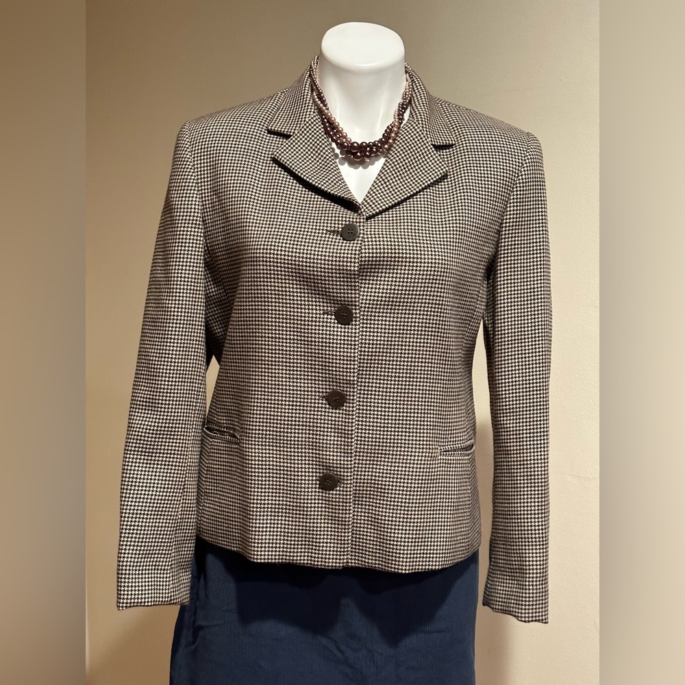 Isabel Ardee Brown & Cream Dimond Checker Jacket 4 Brown Buttons 100% Wool SZ 12
